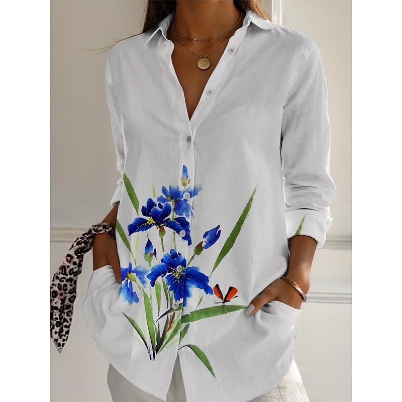 Women's Shirt Floral Active Daily Stylish Long Sleeve Shirt Collar Regular Tops Daily Holiday Buttons Print White Spring Fall