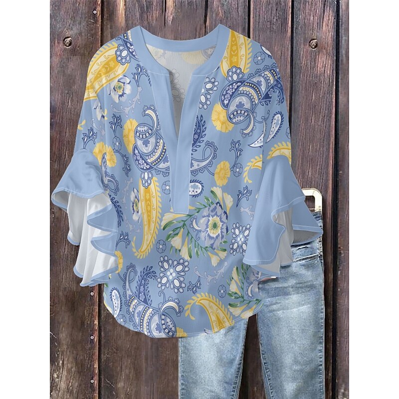 Women's Blouse Paisley Stylish Modern 3/4 Length Sleeve V Neck Regular Tops Daily Holiday Ruffle Print Black Wine Blue Khaki Summer4