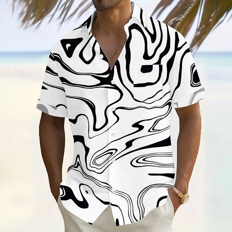 Men's Geometric Waves Abstract Art Shirt Summer Shirt Button Up Shirt Short Sleeve Fashion Casual Vacation Holiday Streetwear Summer Turndown 3D Print Front One Pocket Linen Like Shirt White