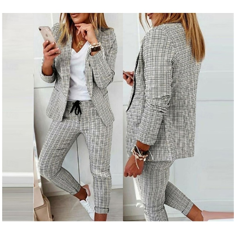 Women's Fashion Streetwear Daily Blazer Suits Long Sleeve Shirt Collar Plaid Print Office Work Black Pink Khaki Spring Regular Fit4