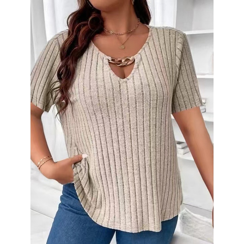Women's Plus Size Tops T Shirt Solid Color Patchwork Short Sleeve V Neck Fashion Streetwear Casual Daily Weekend Knit Summer Royal Blue Brown