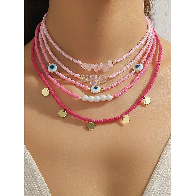 Women's Colorful Beaded Layered Necklace Set – Boho Evil Eye, Pearl, and Charm Accents – Adjustable Summer Jewelry for Teens and Young Women – Ideal for Beach, Festivals and Casual Wear2