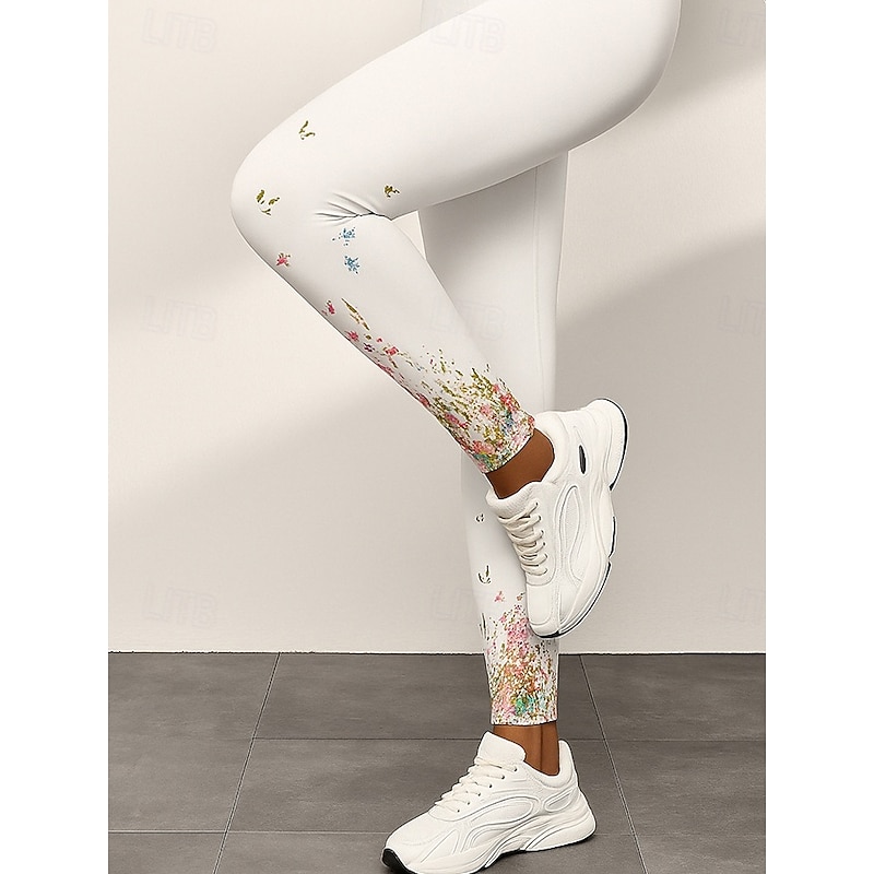 Women's Leggings Elegant Vacation Fashion Ankle-Length High Waist Floral Graphic 3D Print Quick Dry Breathability Soft Stretchy Outdoor Home Causal Black White Fall Slim Fit3