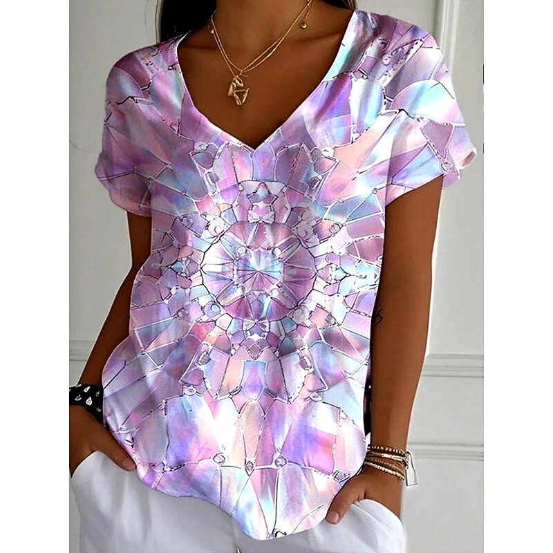 Women's T Shirt Graphic 3D Fashion Stylish Casual Short Sleeve V Neck Regular Tops Daily Going out Weekend Print Light Green Pink Blue Purple Summer Spring3