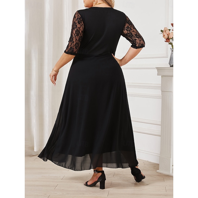 Women's Plus Size Black Dress Pure Color Crew Neck Half Sleeve Summer Spring Elegant Midi Dress Party Dress2