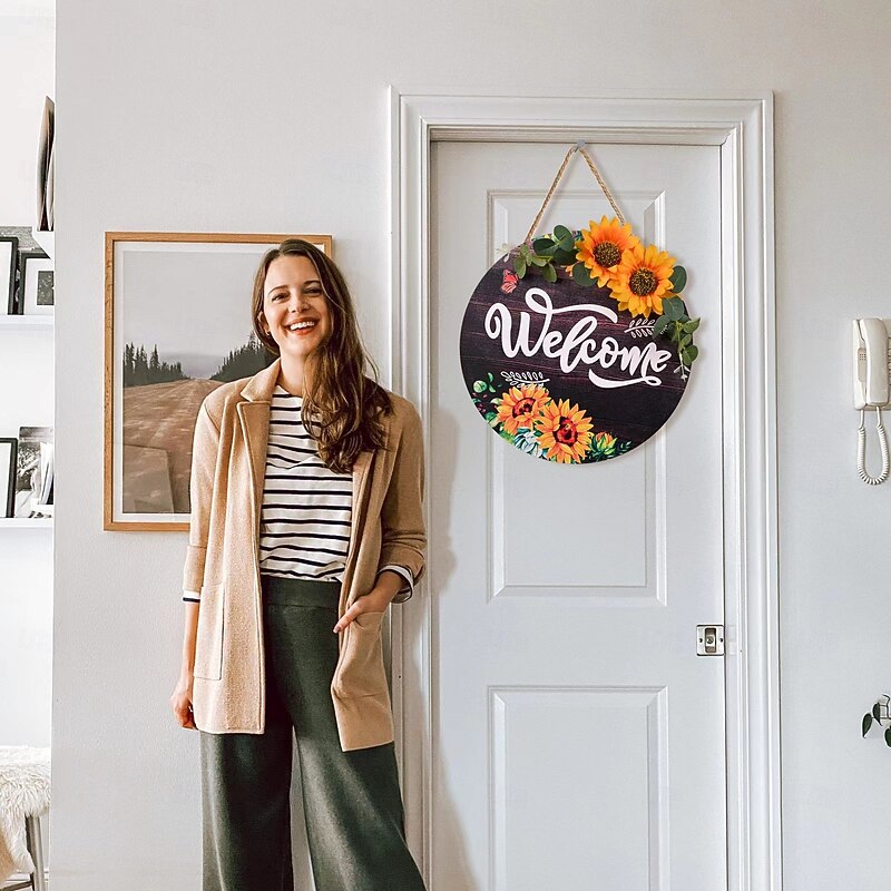 Sunflower Welcome Wood Door Hanger, Seasonal Front Door Sign for Spring Summer Fall, Rustic Hanging Porch Decor for Home4