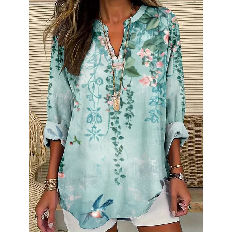 Women's Blouse Floral Stylish Modern Long Sleeve V Neck Regular Tops Daily Holiday Print White Blue Lavender Purple Green Summer4