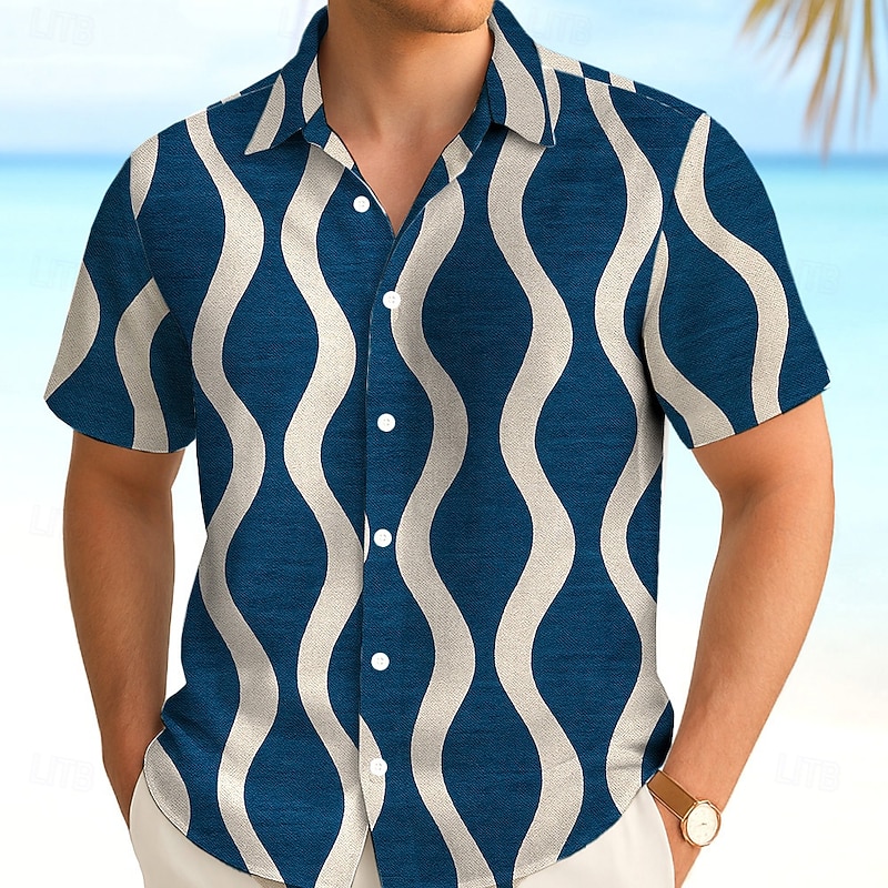 Men's Geometric Waves Shirt Summer Shirt Button Up Shirt Short Sleeve Fashion Casual Outdoor Vacation Dailywear Summer Spring Turndown 3D Print Collared Shirts Wine Green Dark Blue