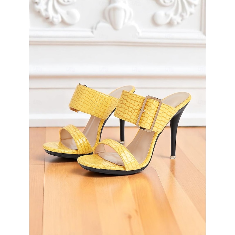 Women's Yellow Croc-Embossed High Heel Sandals with Buckle Strap - Bold Open-Toe Party Shoes for Nightlife, Clubs and Summer Events3