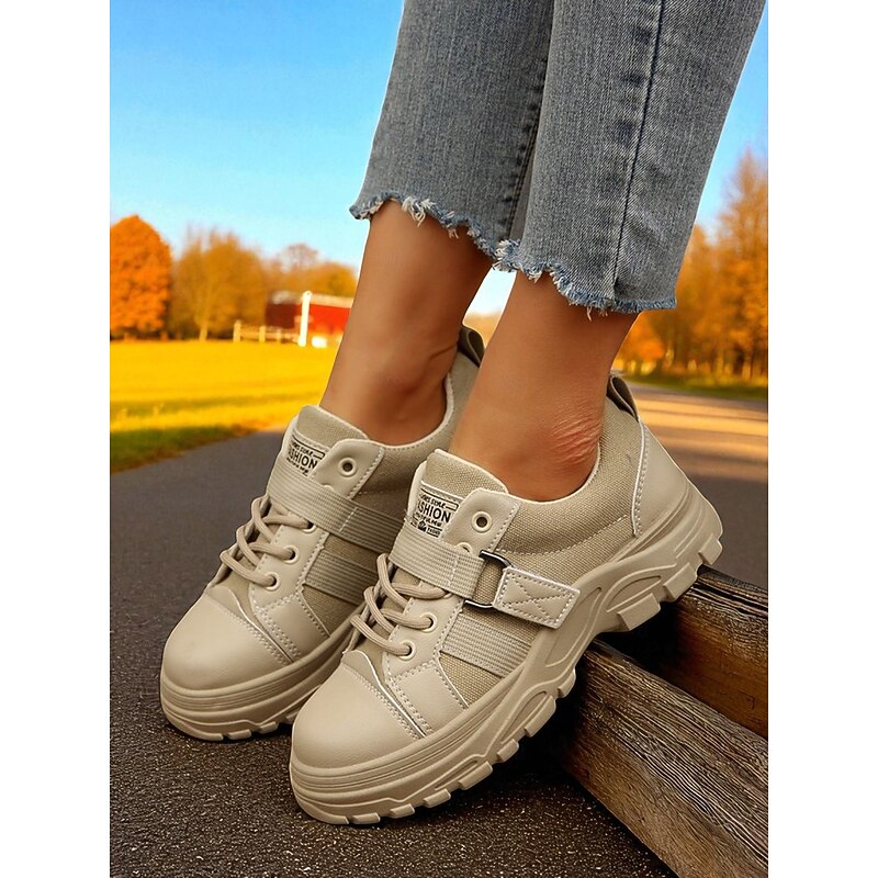 Women's Beige Lace-Up Canvas Sneakers with Durable Sole, Farm Work Shoes for Outdoor Labor, Harvest Festival and Gardening2