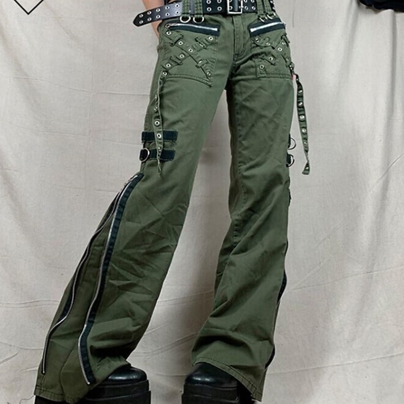 Women's Cargo Pants Fashion Streetwear Full Length Low Waist Solid Color Zipper Comfortable Micro-elastic Sports & Outdoor Daily Wear Army Green Summer Spring Regular Fit