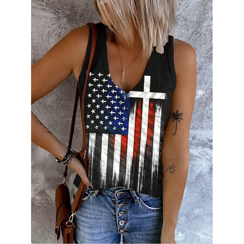 Women's Patriotic  Camisole Tank Top Graphic Flag Vintage Tropical Stylish Sleeveless V Neck Regular Tops Daily Print Denim Blue Black White Red Blue Summer Spring3