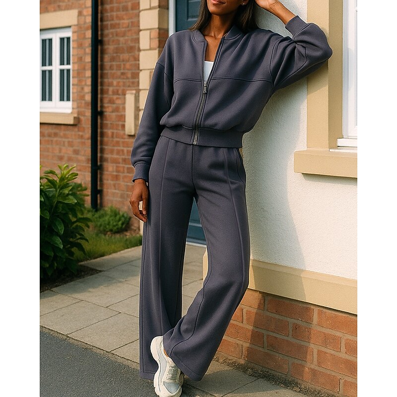 Women's Tracksuit Sweatpants Track Pants Zipper Pocket Solid Colored Clothing Suit Spring Dark Grey Black Gym Training Running Windproof Long Sleeve Sport Activewear Micro-elastic Regular Fit