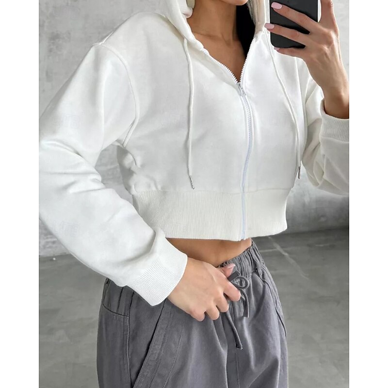 Women's Hoodie Track Top Drawstring Zipper Long Sleeve Jacket Athleisure Fall Solid Colored Thermal Warm Windproof Tennis Golf Running Sportswear Activewear Black White Army Green2