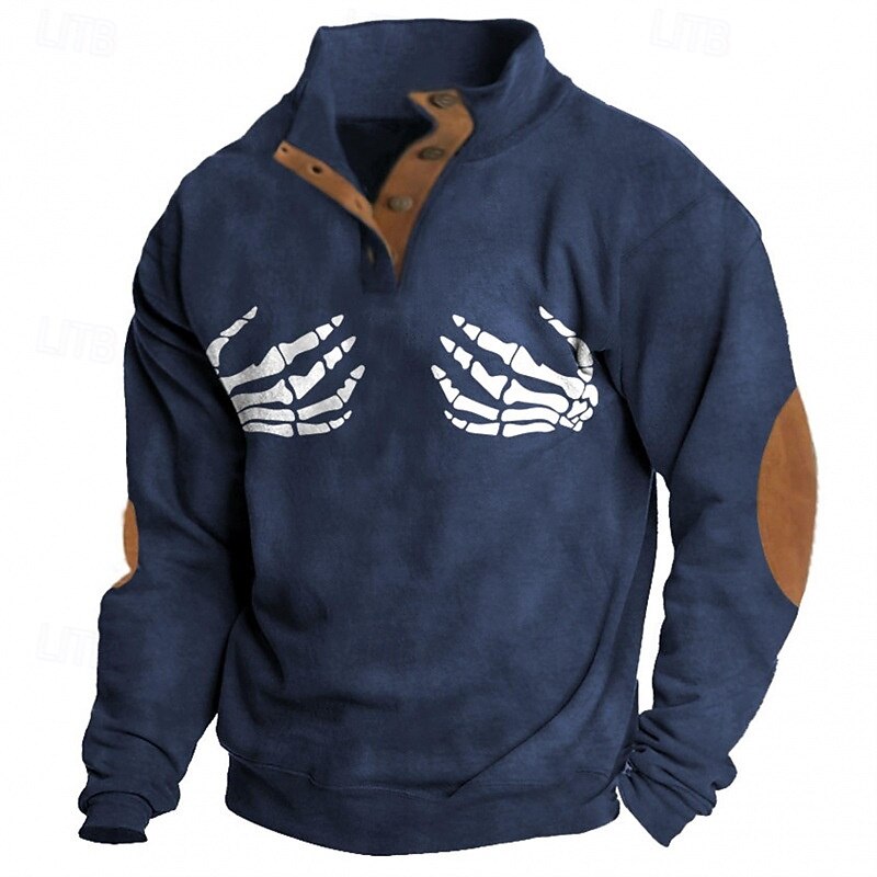 Men's Sweatshirt Black Navy Blue Khaki Standing Collar Graphic Skull Print Daily Holiday Going out Polyester Streetwear Casual Fall Winter Clothing Apparel Hoodies Sweatshirts  Long Sleeve