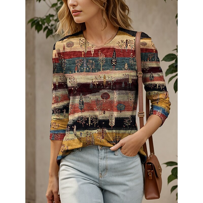 Women's T shirt Long Sleeve Crew Neck Long Sleeve Tunic Graphic Geometric Striped Elegant Vintage Round Neck Regular Tops Daily Going out Weekend Print Yellow Red Blue Purple Green Prefall