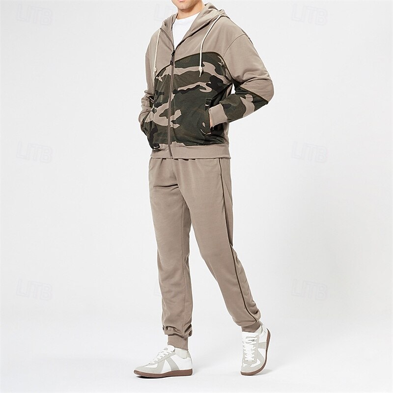 Men's Tracksuit Sweatpants Zip Up Hoodie Pocket Camouflage Clothing Suit Fall Army Green Khaki Gym Workout Sports Windproof Long Sleeve Sport Activewear Micro-elastic Regular Fit