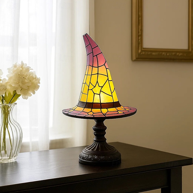 1 Pc Retro Resin Witch Hat Light Unique Indoor Bedside Table Bedroom Night Light Halloween Festival Atmosphere Decorative Light USB Plug in2