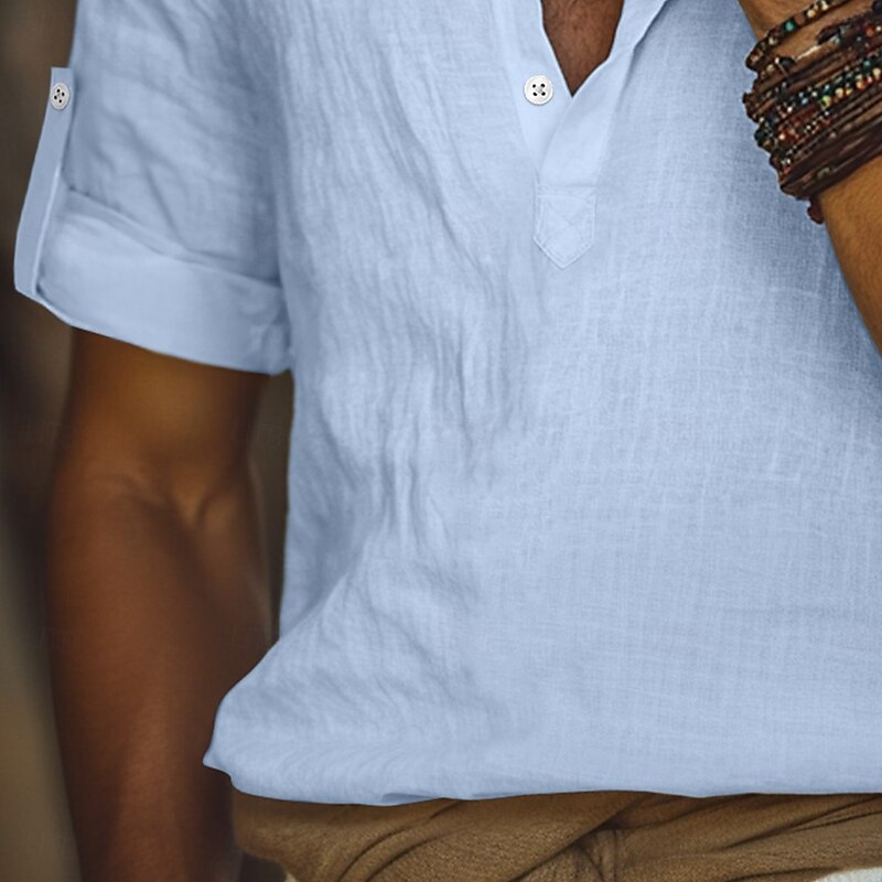 Men's Linen Shirt Popover Shirt Casual Shirt Beach Shirt Band Collar Shirt Plain Vacation Casual White Blue Orange Army Green Long Sleeve Mandarin Collar Summer Spring & Summer Clothing Apparel3