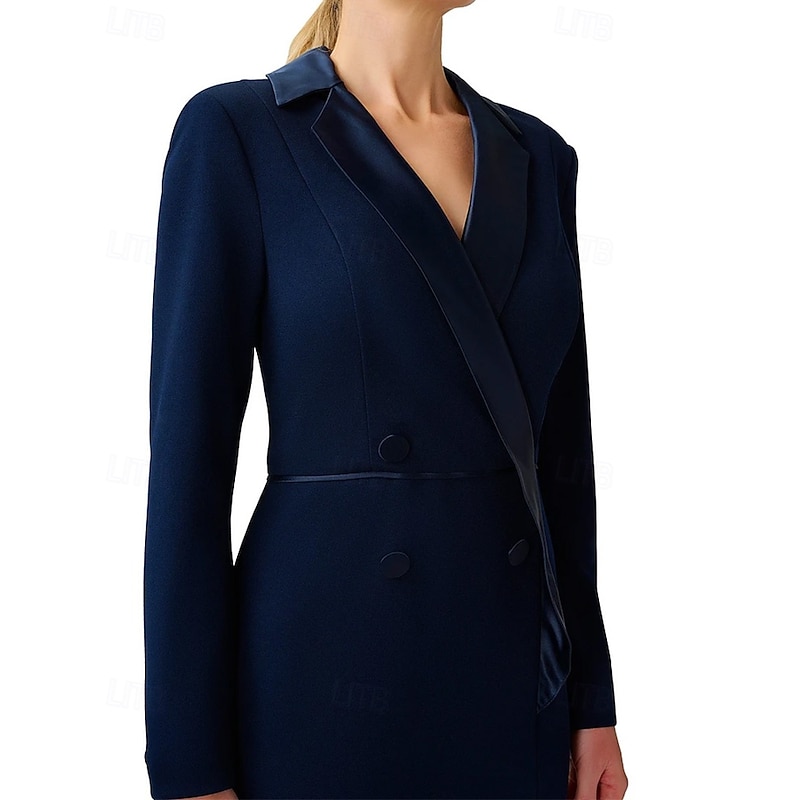 Tuxedo Dress Sheath / Column Formal Wedding Guest Satin Crepe Elegant Simple Long Sleeve Ankle Length Split Thigh Notched Lapels Double Breasted3
