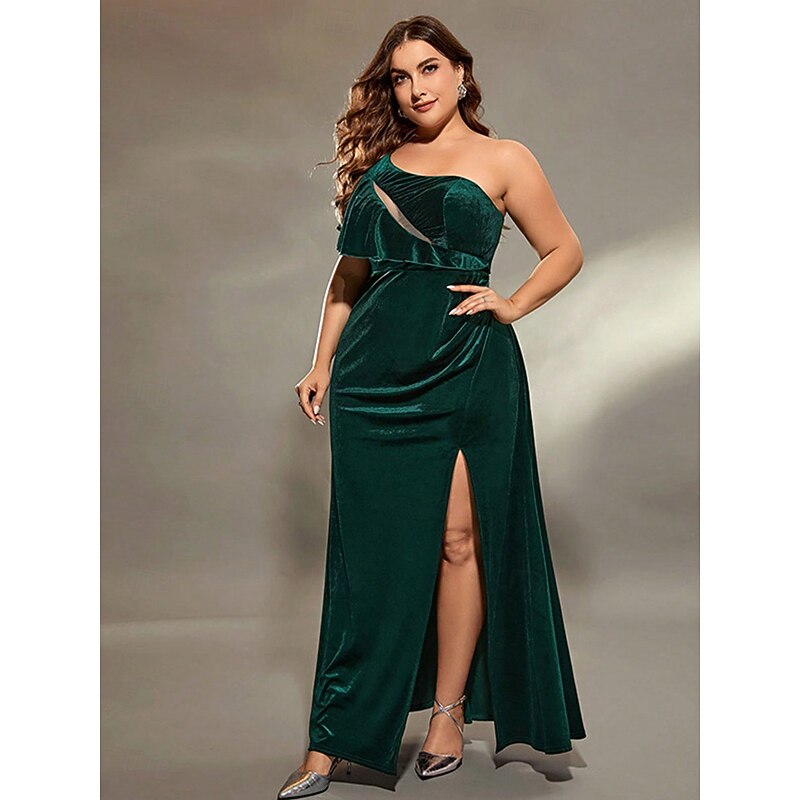 A-Line Evening Gown Elegant Dress Formal Wedding Floor Length Sleeveless One Shoulder Velvet with Slit3
