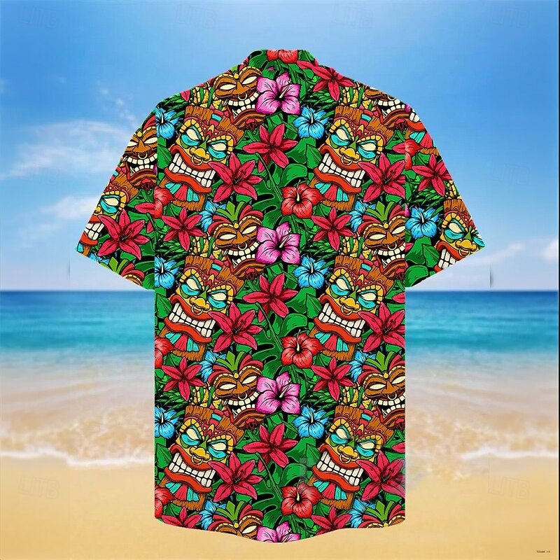 Men's Floral Print Indian Culture Tiki Shirt Summer Shirt Button Up Shirt Short Sleeve Vintage Retro Outdoor Vacation Dailywear Summer Spring Turndown 3D Print Collared Shirts Front One Pocket Green2