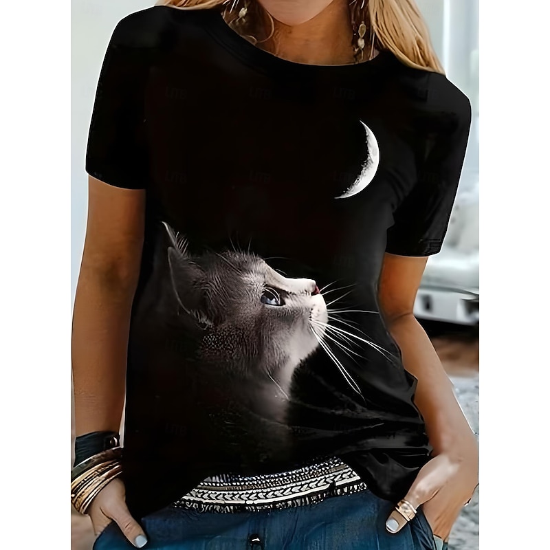 Women's T Shirt Graphic Animal Cat Vintage Stylish Classic Short Sleeve Crew Neck Round Neck Regular Tops Daily Weekend Print Black White Blue Gold Green Summer Spring