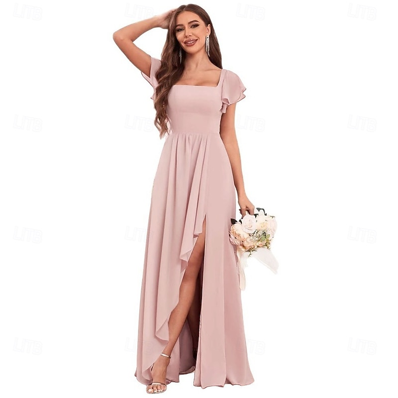 Wedding Dresses A-Line Square Neck Short Sleeve Floor Length Chiffon Bridal Gowns With Pleats Solid Color3