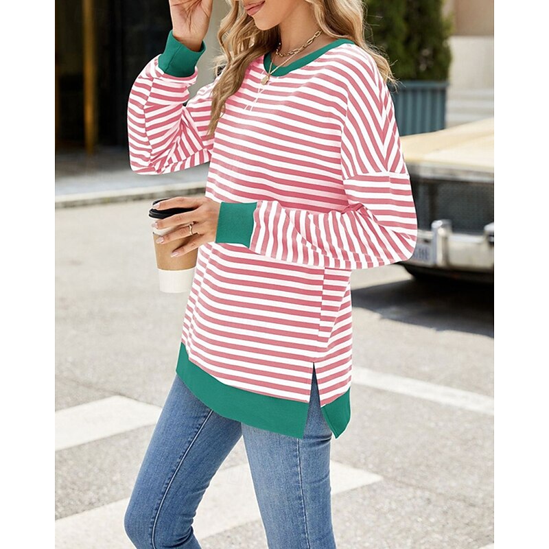 Women's Pullover Striped Streetwear Casual Comfy Long Sleeve Crew Neck Regular Tops Street Holiday Going out Print Black Pink Red Blue Fall3