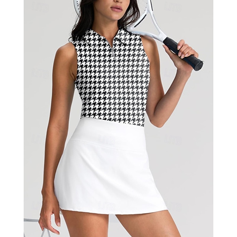 Women's Houndstooth Sport Shirt Golf Polo Shirt Tennis Shirt Sleeveless Zipper High Elasticity Moisture Wicking Breathable Tennis Golf Pickleball Turndown Zip Collar Shirt Top Black Red Blue Tennis4