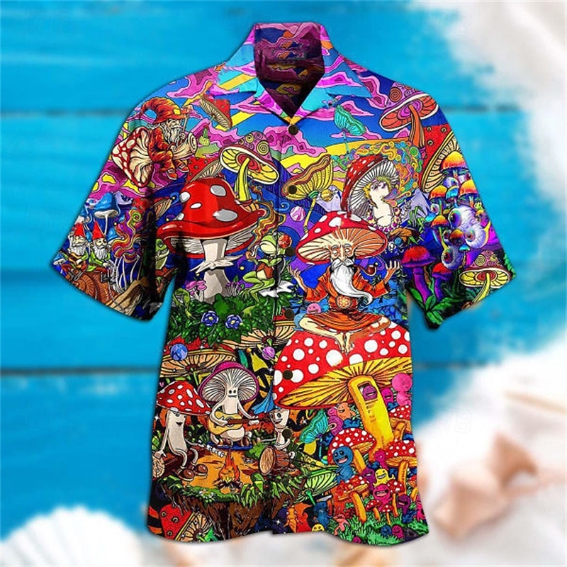 Men's Mushroom Shirt Summer Hawaiian Shirt Aloha Shirt Shirt Turndown Fashion Designer Casual Outdoor Street Casual Black Yellow Black / Purple S M L