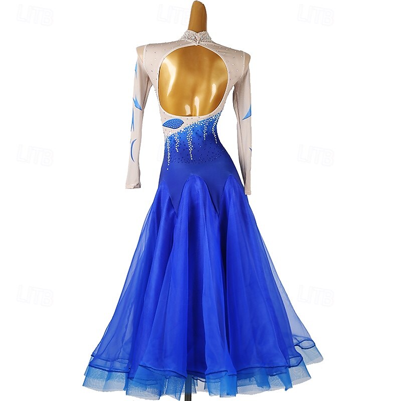 Ballroom Dance Dress Rhinestone Splicing Women's Performance Party Long Sleeve Mesh Spandex Organza2