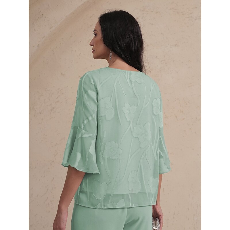 Women's Lace Shirt Blouse Dressy Tops Chiffon Tops Solid Color Flower Elegant Stylish Basic 3/4 Length Sleeve Bell Sleeve Boat Neck Regular Tops Wedding Guest Work Daily Cut Out Asymmetric Hem Sage2
