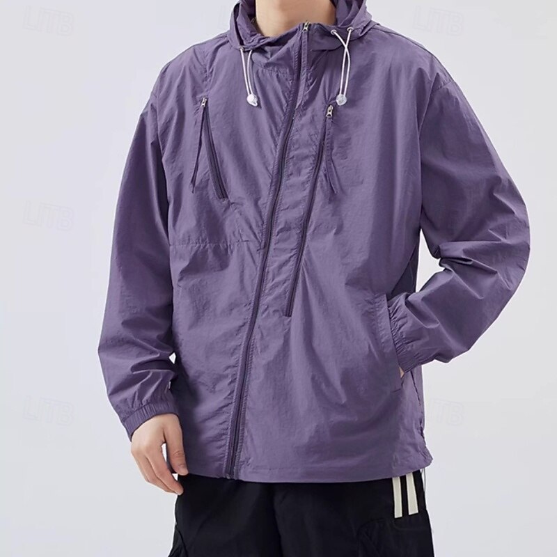 Men's Running Jacket Outdoor Jacket Full Zip Long Sleeve Outerwear Athletic Solid Colored Sun Protection Quick Dry Lightweight UV Cooling Tennis Golf Running Sportswear Activewear Black White Purple2