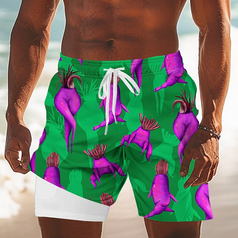 Men's Funny Shrimp Lined Shorts 2 in 1 Board Shorts Swim Shorts Mid Waist Hawaiian Holiday Beach Wear Side Pockets With Compression Liner Elastic Drawstring Waist Designer Clothing Apparel3
