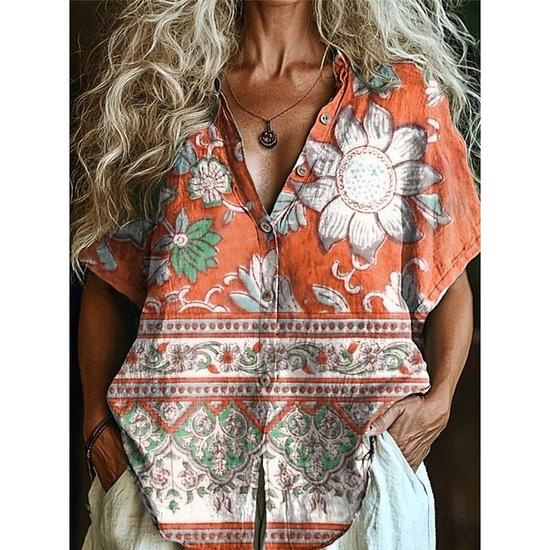 Women's Shirt Long Sleeve Button Down Blouse Floral Graphic Bohemia Vintage Tropical Short Sleeve Shirt Collar Regular Tops Daily Pink Red Light Brown Orange Green Summer Spring4