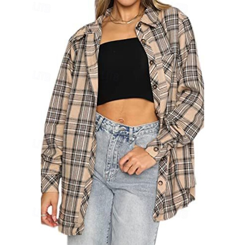 Women's Shirt Blouse Plaid Modern Casual Long Sleeve Shirt Collar Regular Tops Holiday Going out Buttons Print Black White Pink Light Brown Brown Fall