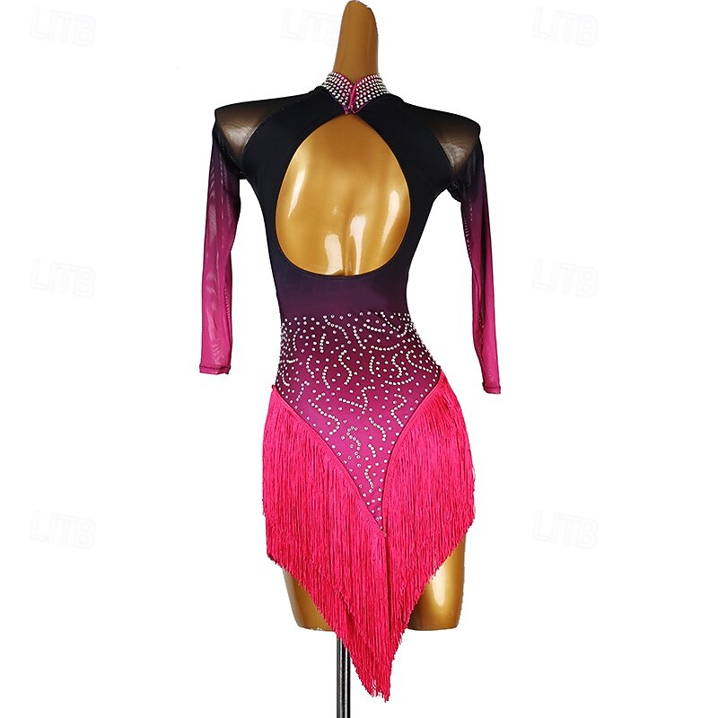 Latin Salsa Dance Dress Tassel Rhinestones Women's Performance Party Long Sleeve Rumba Chacha Dancewear Costumes2