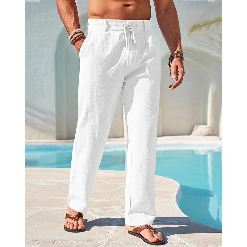 Men's Linen Pants Trousers Summer Pants Beach Pants Pocket Drawstring Straight Leg Plain Comfort Breathable Vacation Daily Holiday Hawaiian Boho White Khaki2