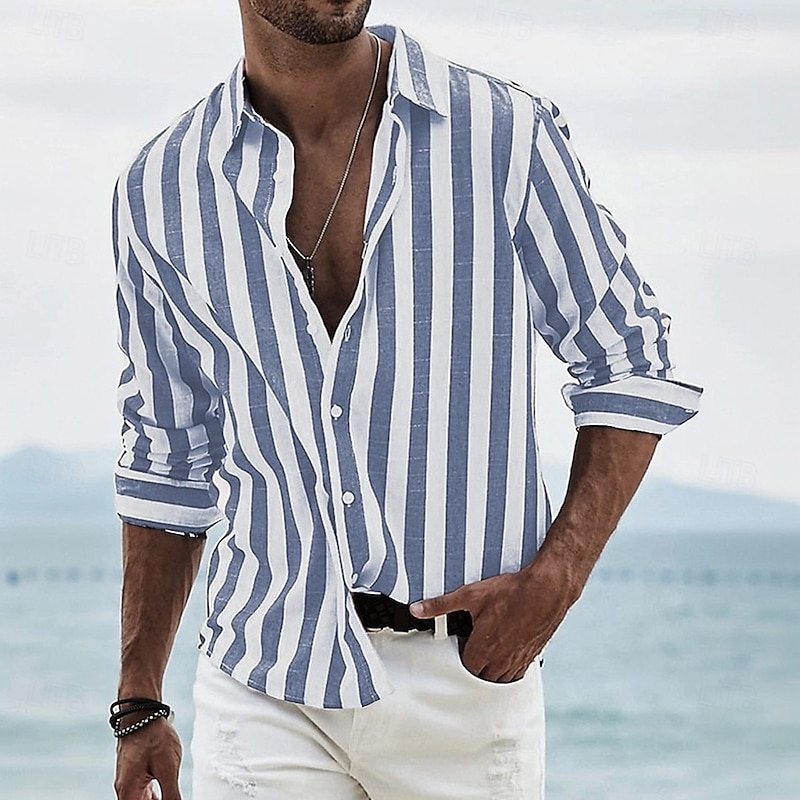 Men's Geometric Striped Shirt Button Up Shirt Long Sleeve Fashion Casual Dailywear Causal Beach Wear Summer Spring Turndown 3D Print Linen Like Shirt Black Pink Blue Green3