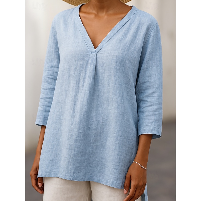 Women's T Shirt Solid Color Casual 3/4 Length Sleeve V Neck Regular Tops Daily White Royal Blue Khaki Light Blue Summer Spring2