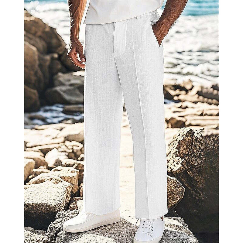 Men's Linen Pants Trousers Summer Pants Beach Pants Pocket Plain Comfort Breathable Vacation Daily Holiday Hawaiian Boho Black White