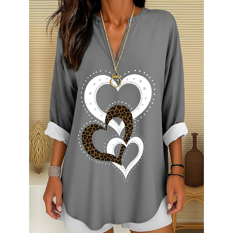 Women's Blouse Tunic V Neck Long Sleeve Boho Casual Tops Heart Graphic Geometric Elegant Stylish Regular Tops Daily Print Black White Yellow Red Blue4