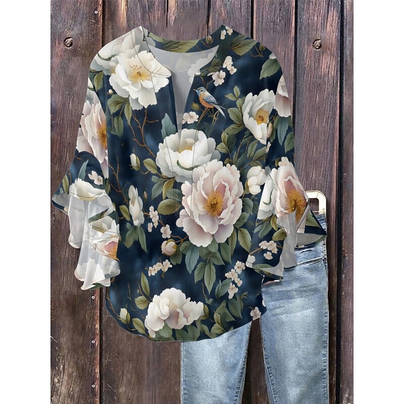 Women's Blouse Floral Stylish Modern 3/4 Length Sleeve V Neck Regular Tops Daily Holiday Ruffle Print Grass Green Pink Navy Blue Blue Green Summer