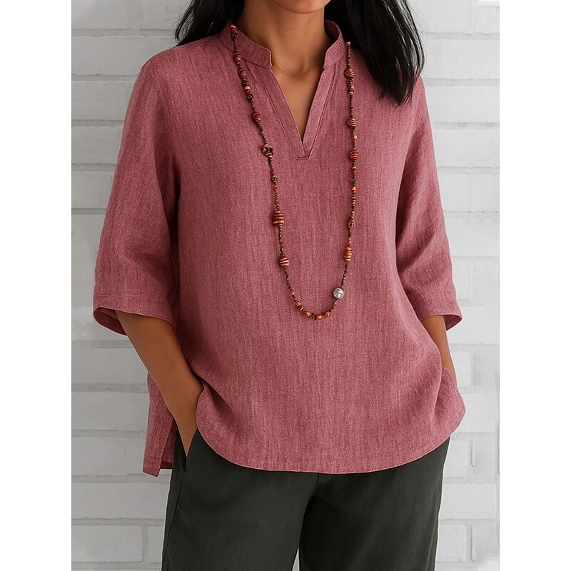 Women's Cotton Linen Shirts Solid Color Basic Casual 3/4 Length Sleeve V Neck Regular Tops Daily Red Blue Green Khaki Summer Spring4