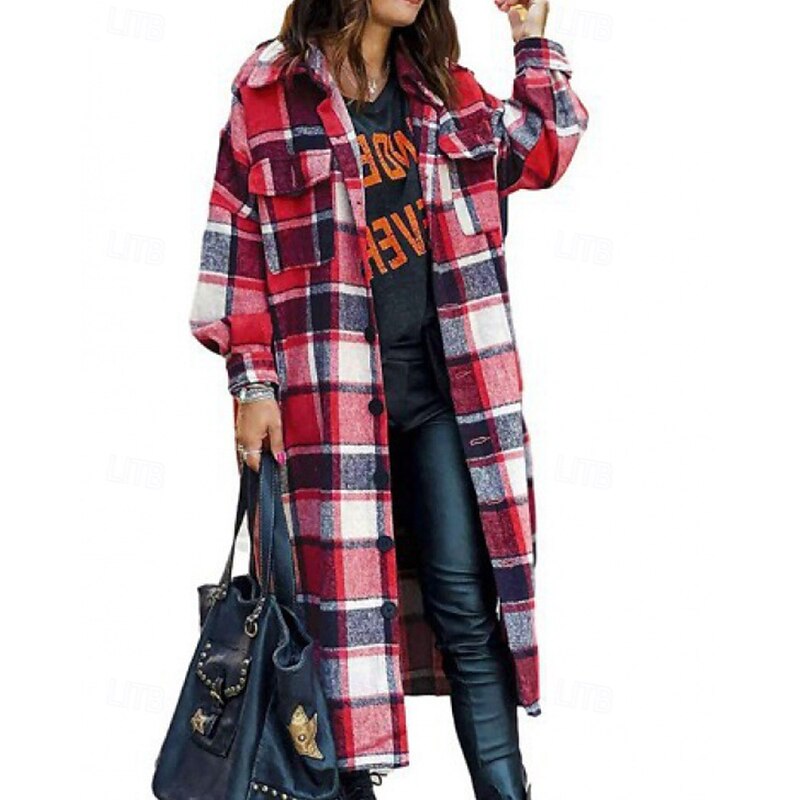 Women's Trench Coat Comfortable Buttons Pocket Modern Street Style Plaid Going out Casual Daily Single Breasted Long Turndown Regular Fit Long Sleeve Outerwear Red Rose Red Gray Fall Winter