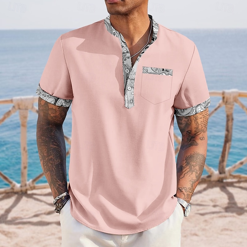 Men's Paisley Ethnic Shirt Henley Shirt Stand Collar Shirt Short Sleeve Vintage Retro Vacation Daily Summer Spring Mandarin Collar Band Collar Buttons Front One Pocket Linen Like Shirt Pink Blue2