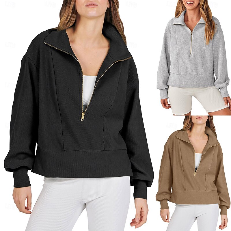 Women's Texture Sweatshirt Texture Blouse Pullover Sweatshirt Plain Streetwear Casual Comfy Long Sleeve V Neck Regular Tops Street Holiday Going out Quarter Zip Black Khaki Gray Fall - Main Image