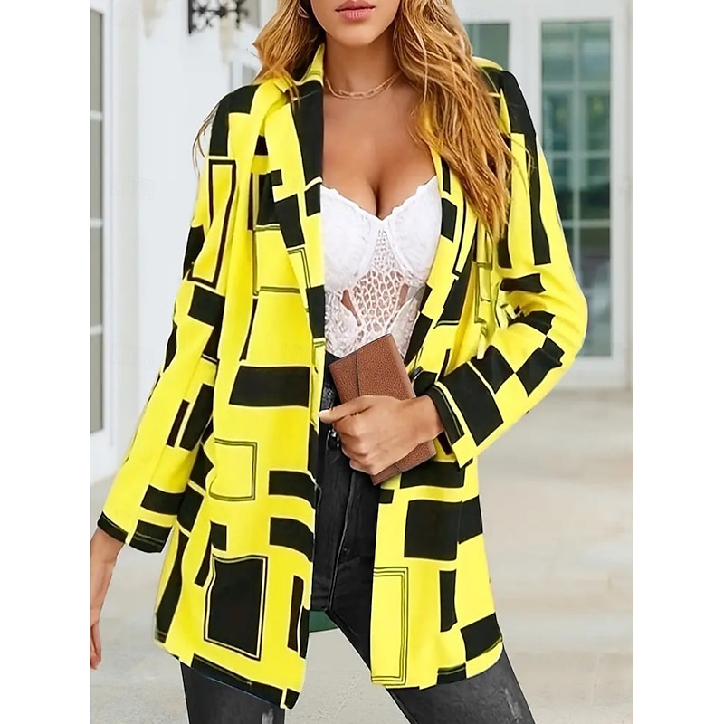Women's Blazer Comfortable Breathable Print Casual Geometric Office Street Casual Daily Wear Single Breasted Long Turndown Regular Fit Long Sleeve Outerwear Black White Yellow Summer Fall3