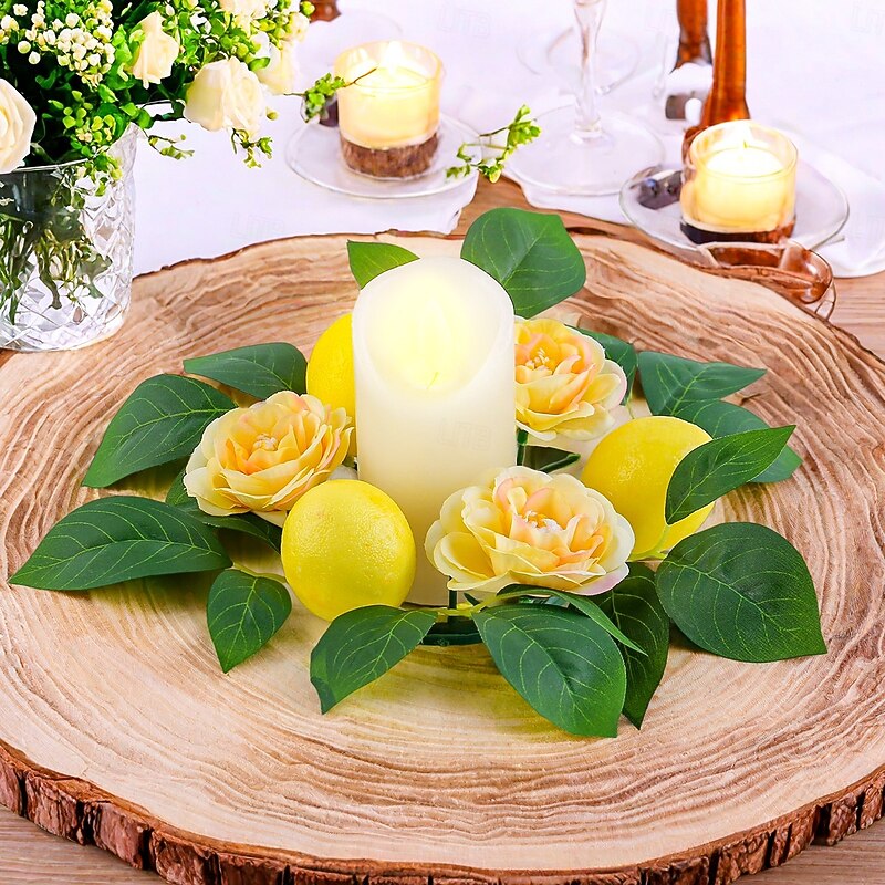 Lemon Floral Candle Ring Decoration, Faux Flower Candle Wreath with Greenery and Twigs, Holiday Table Centerpiece for Spring Summer Party Decor